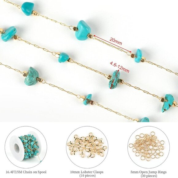 16.4 Feet/5M Gold Plated Chains for Jewelry Making Turquoise Blue Natural Stone - Picture 2 of 7